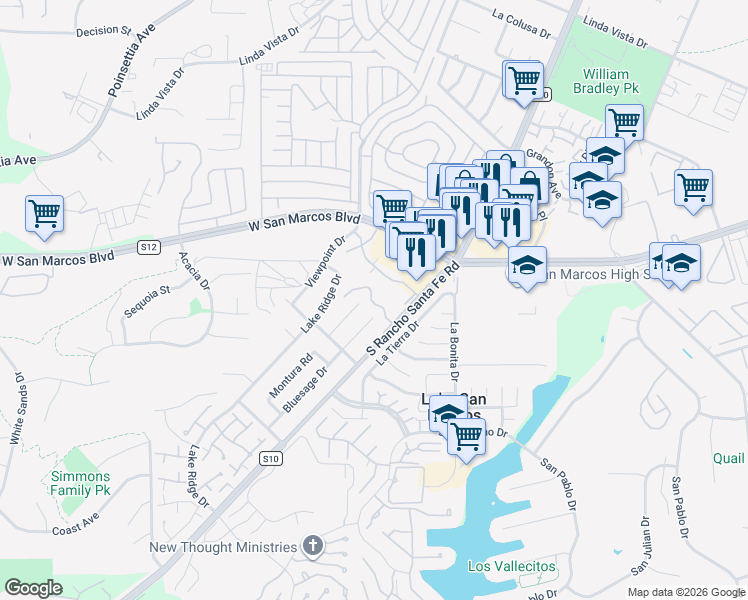 map of restaurants, bars, coffee shops, grocery stores, and more near 848 South Rancho Santa Fe Road in San Marcos