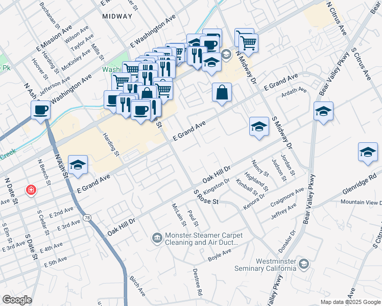 map of restaurants, bars, coffee shops, grocery stores, and more near 1625 East Grand Avenue in Escondido