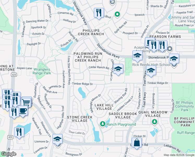 map of restaurants, bars, coffee shops, grocery stores, and more near 1593 Tumbling River Drive in Frisco
