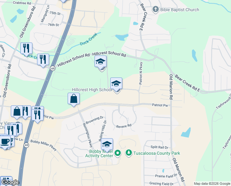 map of restaurants, bars, coffee shops, grocery stores, and more near 368-398 Patriot Parkway in Tuscaloosa