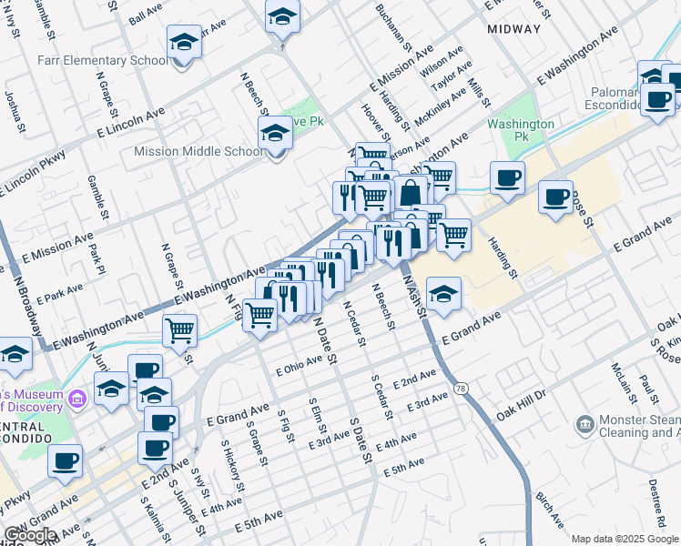 map of restaurants, bars, coffee shops, grocery stores, and more near 1001 Cedar Brook in Escondido