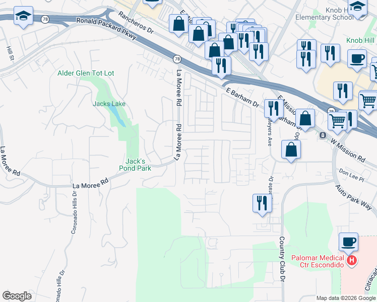 map of restaurants, bars, coffee shops, grocery stores, and more near 1175 La Moree Road in San Marcos