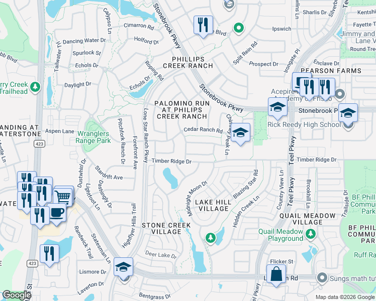 map of restaurants, bars, coffee shops, grocery stores, and more near 1593 Tumbling River Drive in Frisco