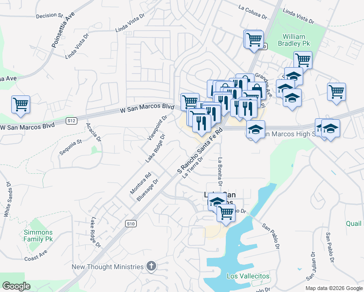 map of restaurants, bars, coffee shops, grocery stores, and more near 858 South Rancho Santa Fe Road in San Marcos