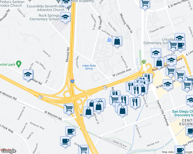 map of restaurants, bars, coffee shops, grocery stores, and more near 1051 Rock Springs Road in Escondido