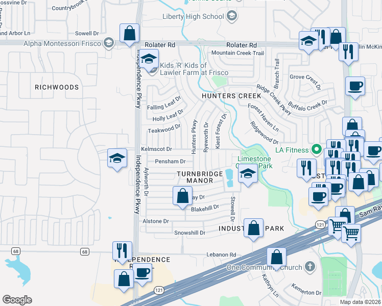 map of restaurants, bars, coffee shops, grocery stores, and more near 6302 Hunters Parkway in Frisco