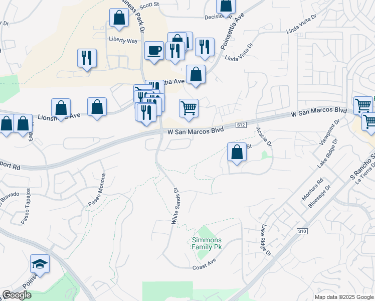 map of restaurants, bars, coffee shops, grocery stores, and more near 2119 Sand Crest Way in San Marcos
