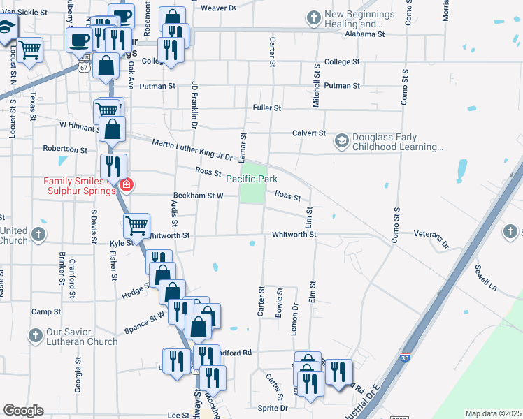 map of restaurants, bars, coffee shops, grocery stores, and more near 813 Carter Street in Sulphur Springs