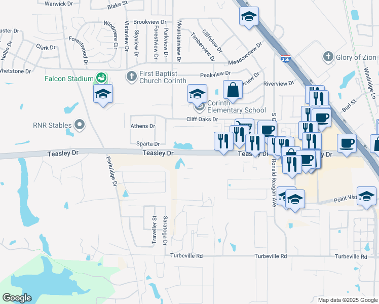 map of restaurants, bars, coffee shops, grocery stores, and more near 3451 Farm to Market Road 2181 in Corinth