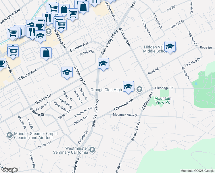 map of restaurants, bars, coffee shops, grocery stores, and more near 2143 Flint Avenue in Escondido