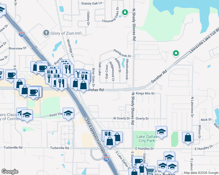 map of restaurants, bars, coffee shops, grocery stores, and more near 204 Hillcrest Street in Lake Dallas