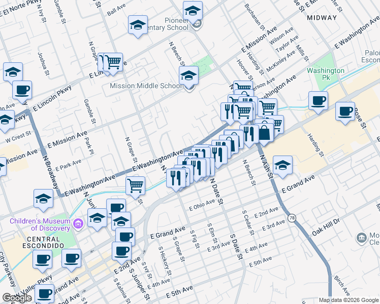 map of restaurants, bars, coffee shops, grocery stores, and more near 820 East Washington Avenue in Escondido