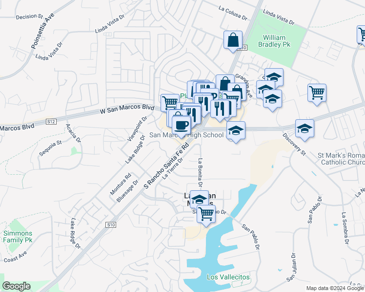 map of restaurants, bars, coffee shops, grocery stores, and more near 1915 West San Marcos Boulevard in San Marcos