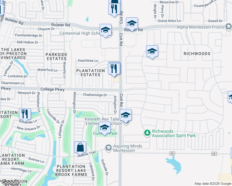 map of restaurants, bars, coffee shops, grocery stores, and more near 12500 Chattanooga Drive in Frisco