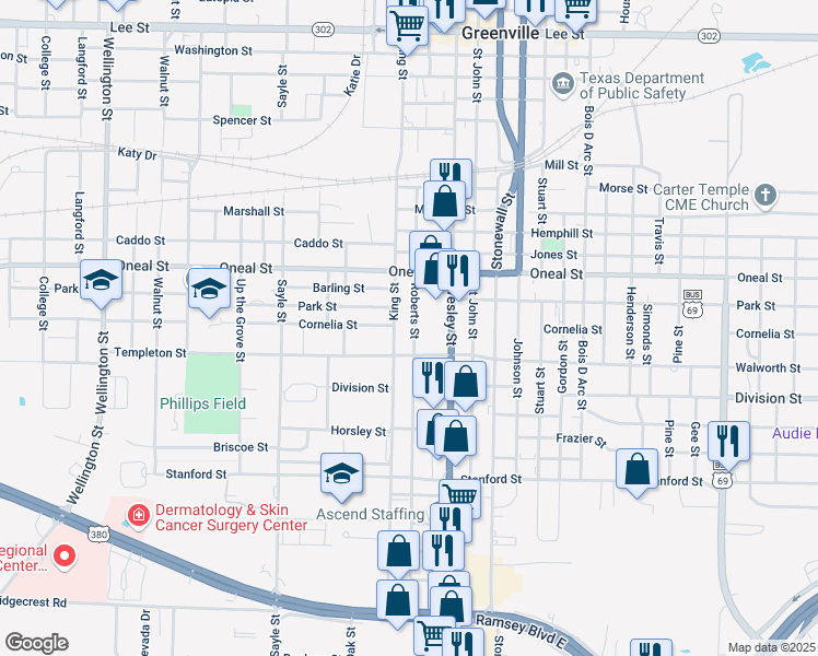 map of restaurants, bars, coffee shops, grocery stores, and more near 3813 King Street in Greenville