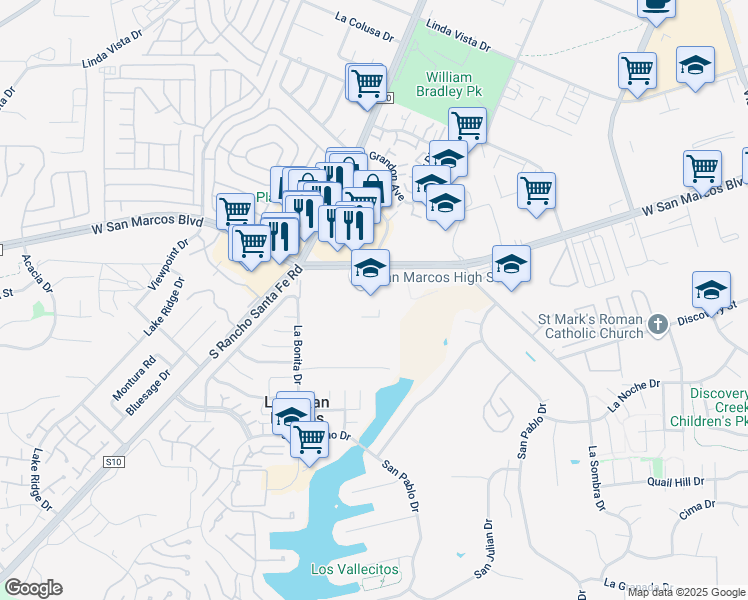 map of restaurants, bars, coffee shops, grocery stores, and more near 1615 West San Marcos Boulevard in San Marcos