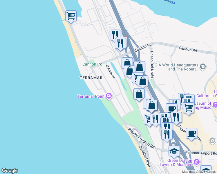 map of restaurants, bars, coffee shops, grocery stores, and more near 5301 Los Robles Drive in Carlsbad