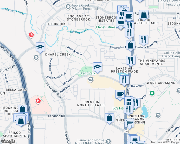 map of restaurants, bars, coffee shops, grocery stores, and more near 8220 Wade Boulevard in Frisco