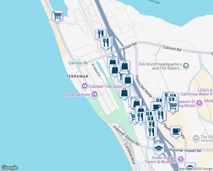 map of restaurants, bars, coffee shops, grocery stores, and more near 5360 El Arbol Drive in Carlsbad