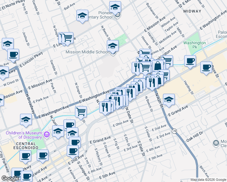 map of restaurants, bars, coffee shops, grocery stores, and more near 847 East Washington Avenue in Escondido