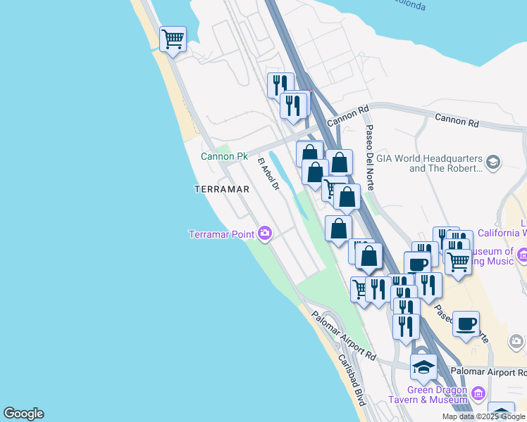 map of restaurants, bars, coffee shops, grocery stores, and more near 5301 Los Robles Drive in Carlsbad