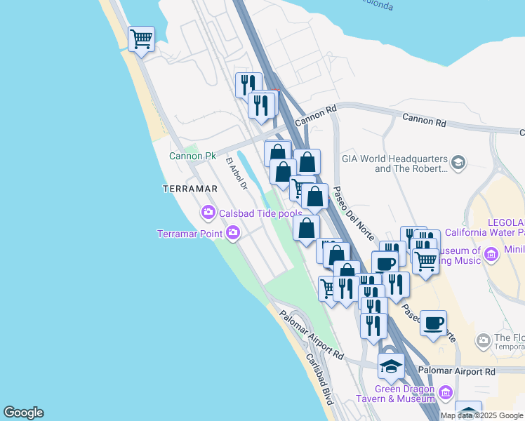 map of restaurants, bars, coffee shops, grocery stores, and more near 5360 El Arbol Drive in Carlsbad