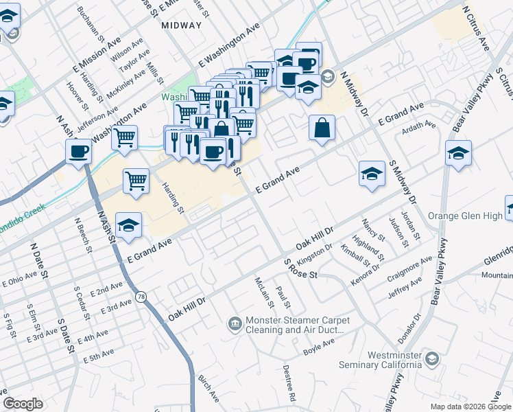 map of restaurants, bars, coffee shops, grocery stores, and more near in Escondido