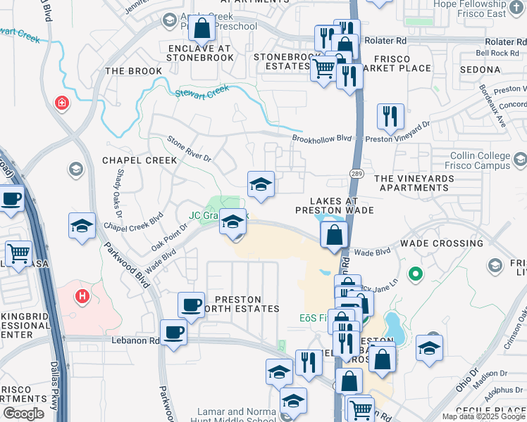 map of restaurants, bars, coffee shops, grocery stores, and more near 8500 Wade Boulevard in Frisco