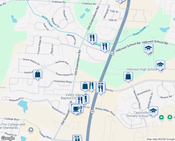 map of restaurants, bars, coffee shops, grocery stores, and more near 851 Maplewood Drive in Tuscaloosa