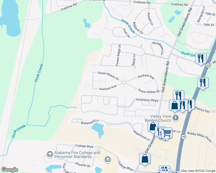 map of restaurants, bars, coffee shops, grocery stores, and more near 1330 Auxford Avenue in Tuscaloosa