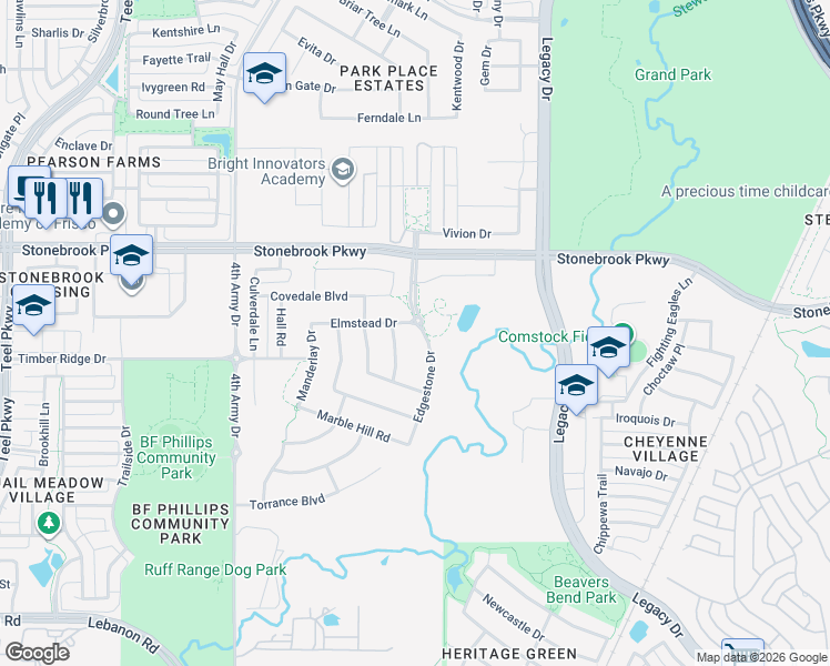 map of restaurants, bars, coffee shops, grocery stores, and more near 6281 Edgestone Drive in Frisco