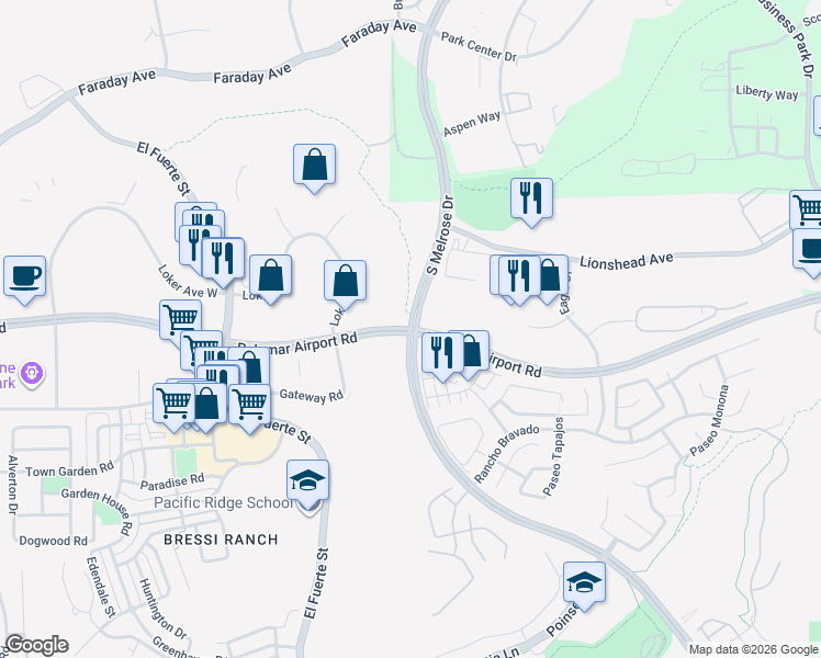 map of restaurants, bars, coffee shops, grocery stores, and more near Palomar Airport Rd & Melrose Dr in Carlsbad