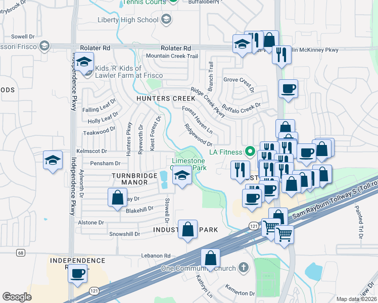 map of restaurants, bars, coffee shops, grocery stores, and more near 6300 Maltby Drive in Frisco