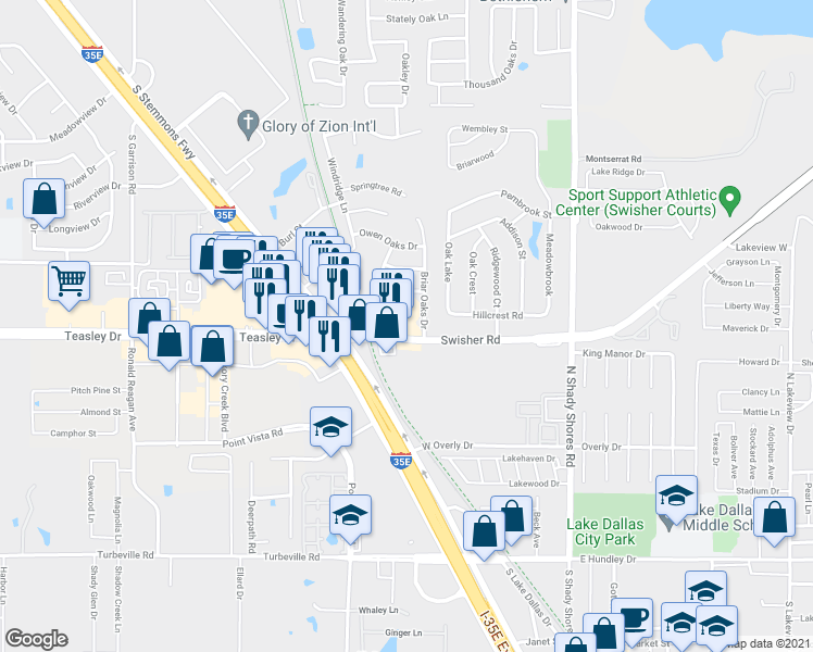 map of restaurants, bars, coffee shops, grocery stores, and more near 301 Swisher Road in Lake Dallas