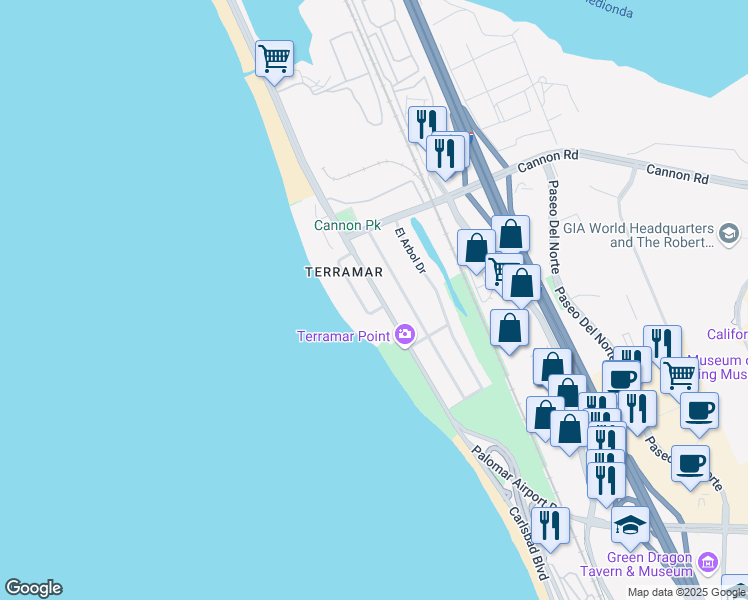 map of restaurants, bars, coffee shops, grocery stores, and more near 5227 Carlsbad Boulevard in Carlsbad