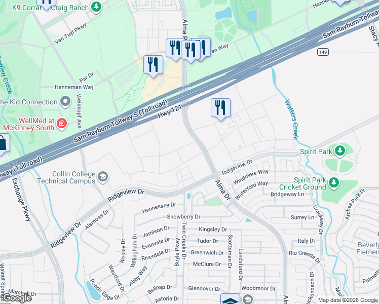 map of restaurants, bars, coffee shops, grocery stores, and more near Alma Drive in Allen