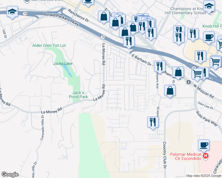 map of restaurants, bars, coffee shops, grocery stores, and more near 1175 La Moree Road in San Marcos