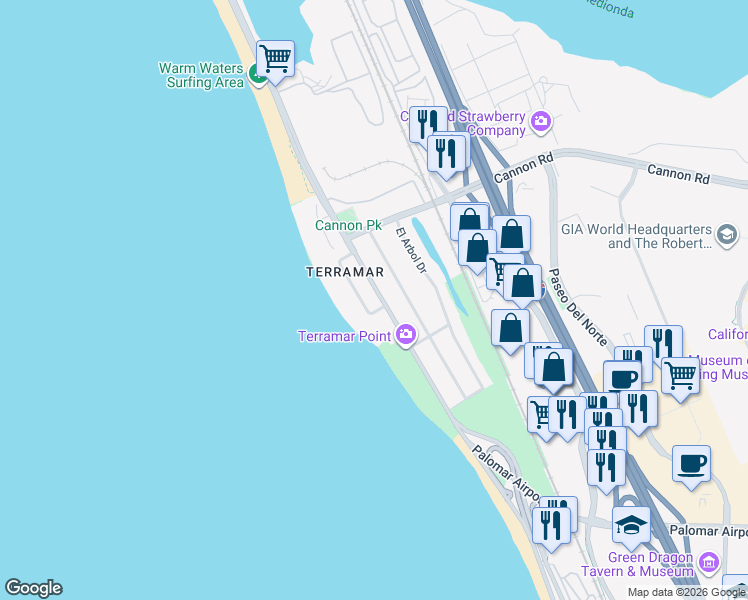 map of restaurants, bars, coffee shops, grocery stores, and more near 5225 Carlsbad Boulevard in Carlsbad