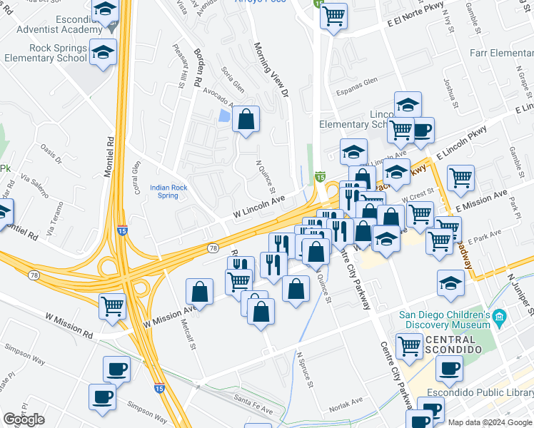 map of restaurants, bars, coffee shops, grocery stores, and more near 711 West Lincoln Avenue in Escondido