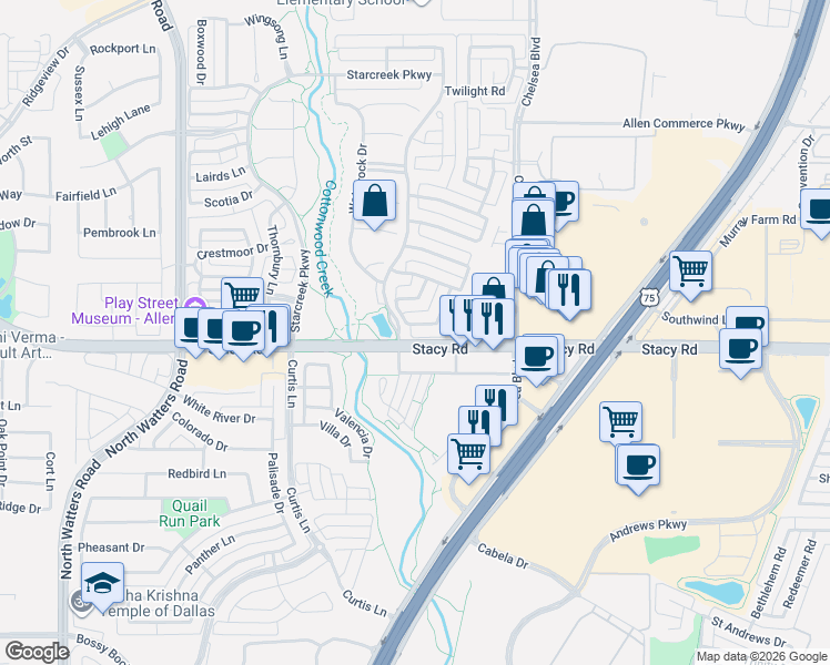 map of restaurants, bars, coffee shops, grocery stores, and more near 863 Blackberry Lane in Allen