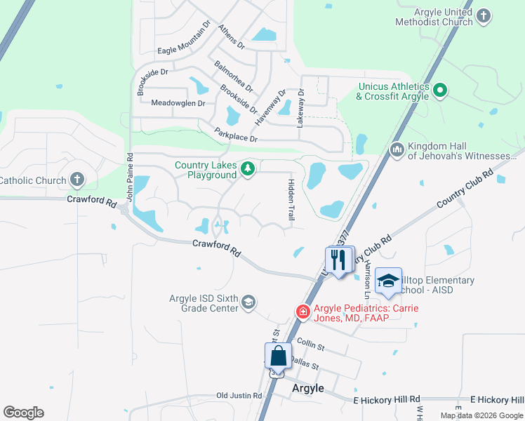 map of restaurants, bars, coffee shops, grocery stores, and more near 312 Wooded Ct in Argyle