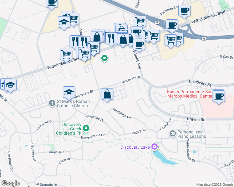 map of restaurants, bars, coffee shops, grocery stores, and more near 809 Discovery Street in San Marcos