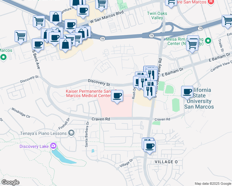 map of restaurants, bars, coffee shops, grocery stores, and more near 360 Rush Drive in San Marcos