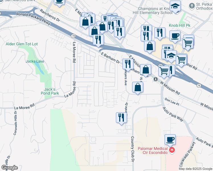 map of restaurants, bars, coffee shops, grocery stores, and more near 1219 Barham Drive in San Marcos