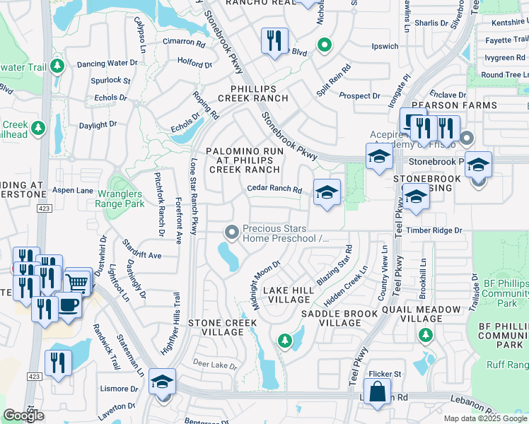 map of restaurants, bars, coffee shops, grocery stores, and more near 1593 Tumbling River Drive in Frisco