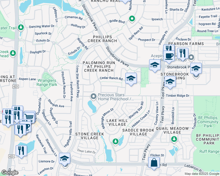 map of restaurants, bars, coffee shops, grocery stores, and more near 1593 Tumbling River Drive in Frisco