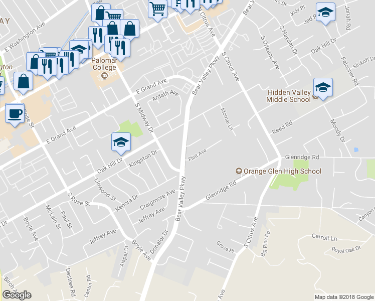 map of restaurants, bars, coffee shops, grocery stores, and more near 2101 Beartrap Place in Escondido
