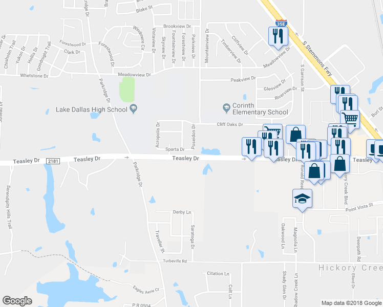 map of restaurants, bars, coffee shops, grocery stores, and more near 3406 Sparta Drive in Denton