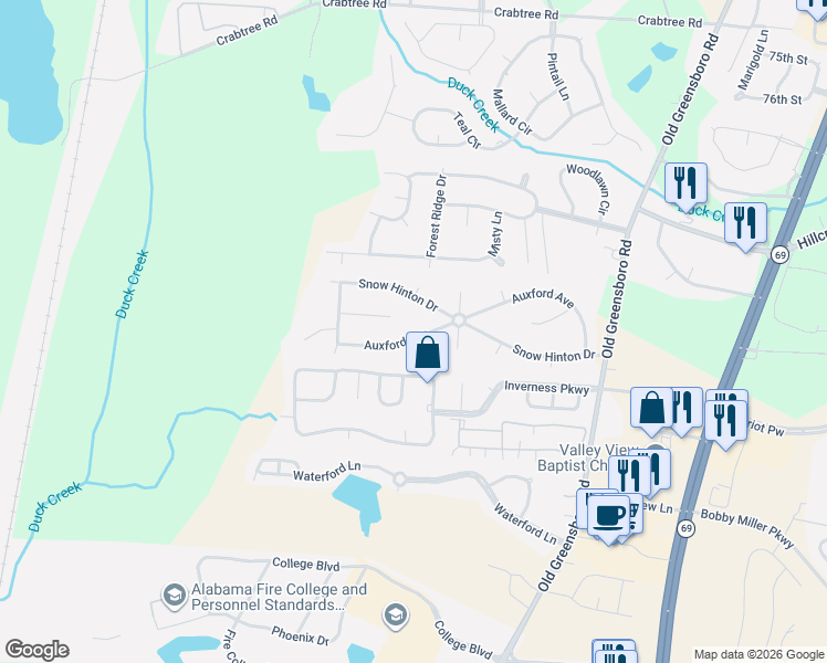 map of restaurants, bars, coffee shops, grocery stores, and more near 1330 Auxford Avenue in Tuscaloosa