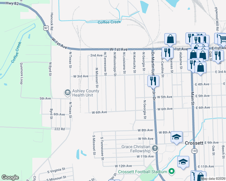 map of restaurants, bars, coffee shops, grocery stores, and more near 400 North Mississippi Street in Crossett